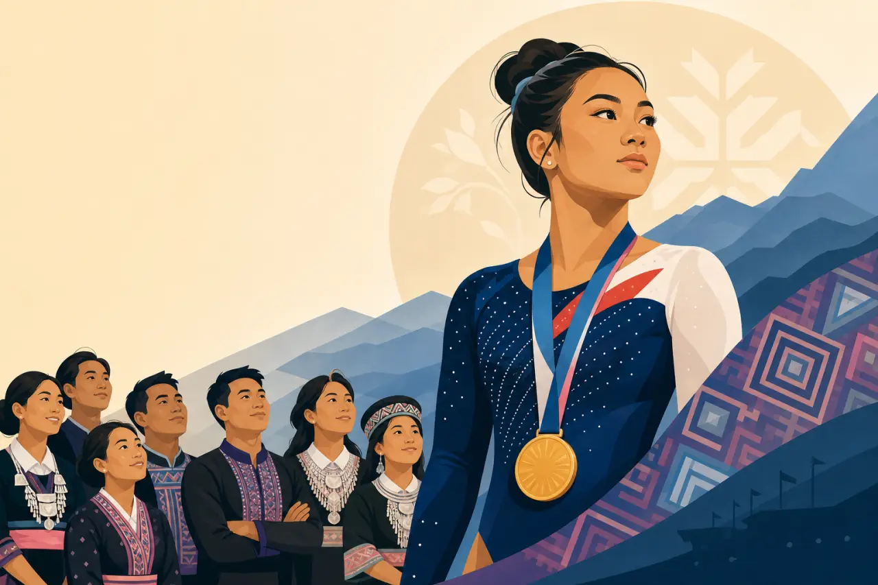 Illustrated banner honoring Suni Lee Hmong American heritage, featuring a gold-medal gymnast in a navy leotard beside community members in traditional
