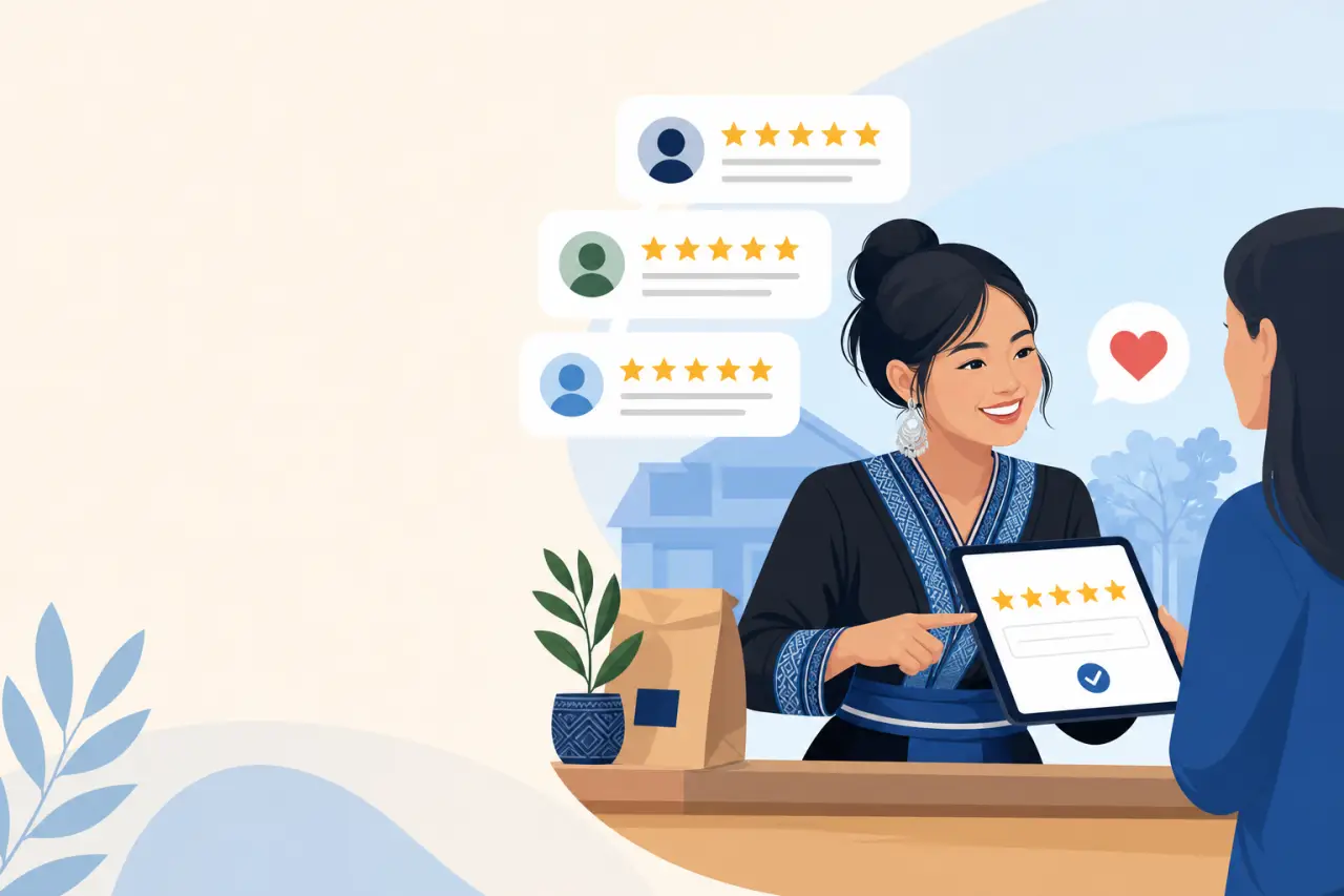Illustration of a smiling shop owner in traditional attire showing a customer a five-star rating on a tablet at a counter, with review bubbles above s