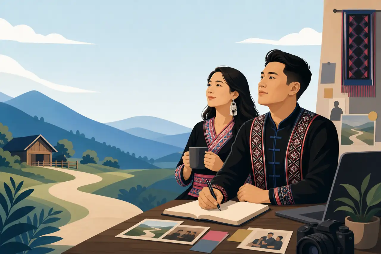 Illustrated couple in traditional embroidered attire sit at a wooden desk with photos, a journal, and camera, gazing toward rolling hills as they prac