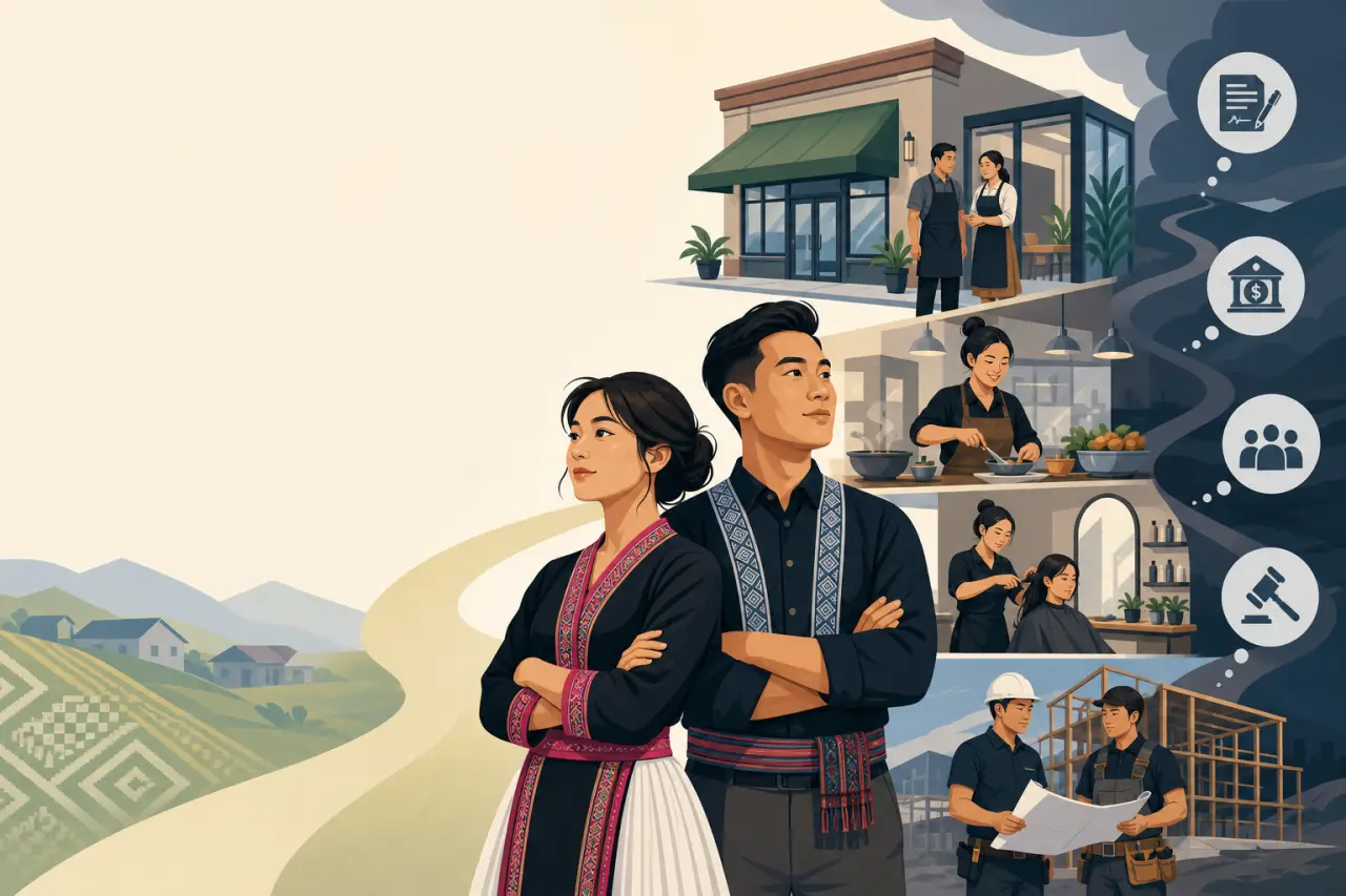 Illustration of a couple in traditional attire standing before scenes of restaurant, salon, and construction businesses, symbolizing the LLC vs sole p