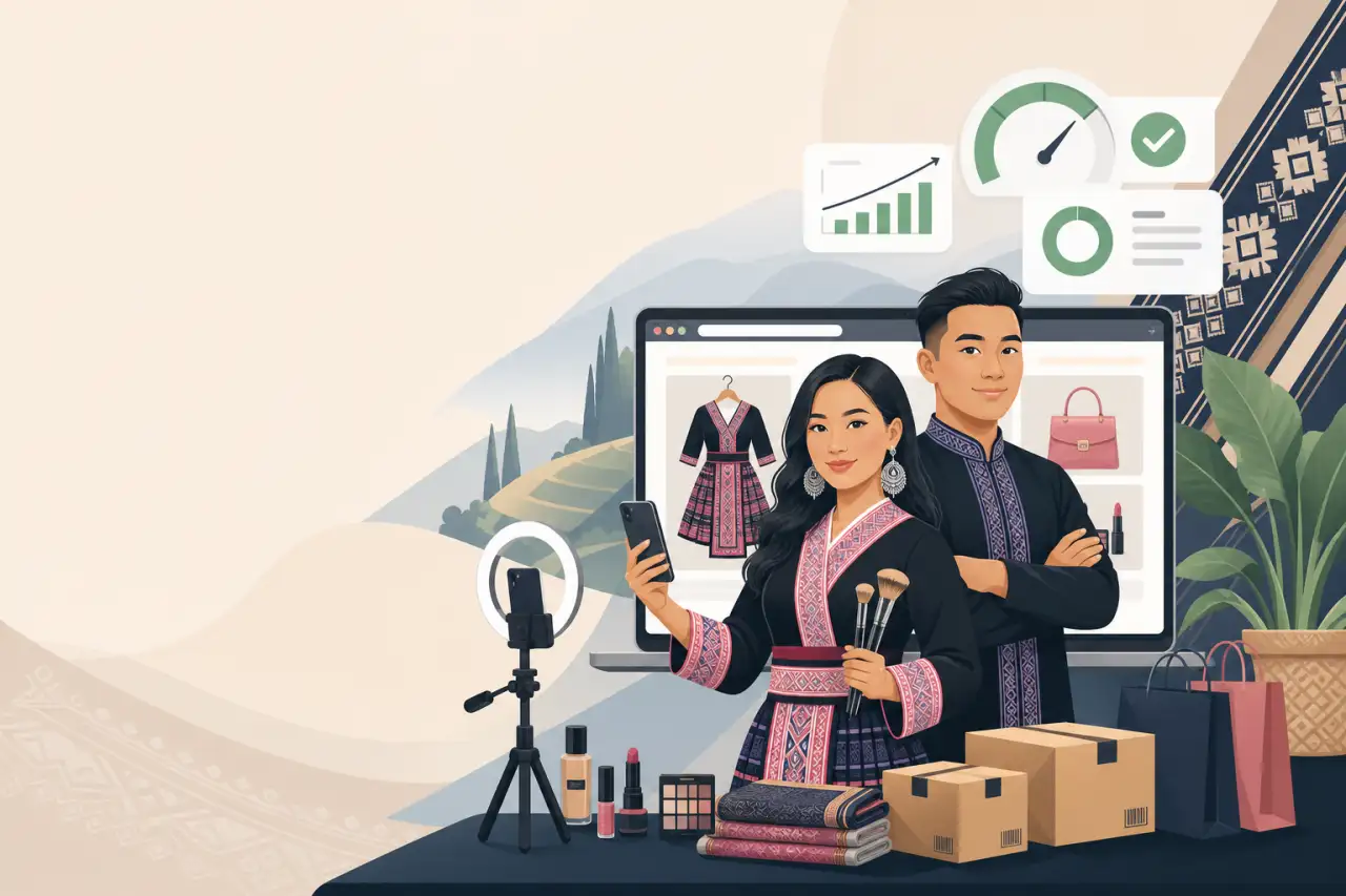 Illustration of a man and woman in traditional embroidered attire filming with a smartphone and ring light beside a laptop screen showing clothing and