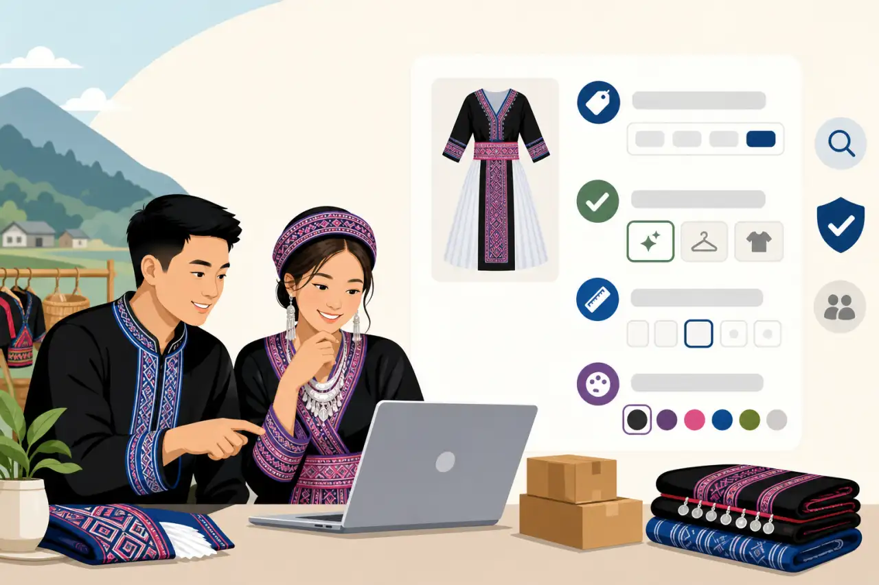 Two people in traditional embroidered attire browse a laptop displaying a dress alongside a product details listing attributes panel with size, color,