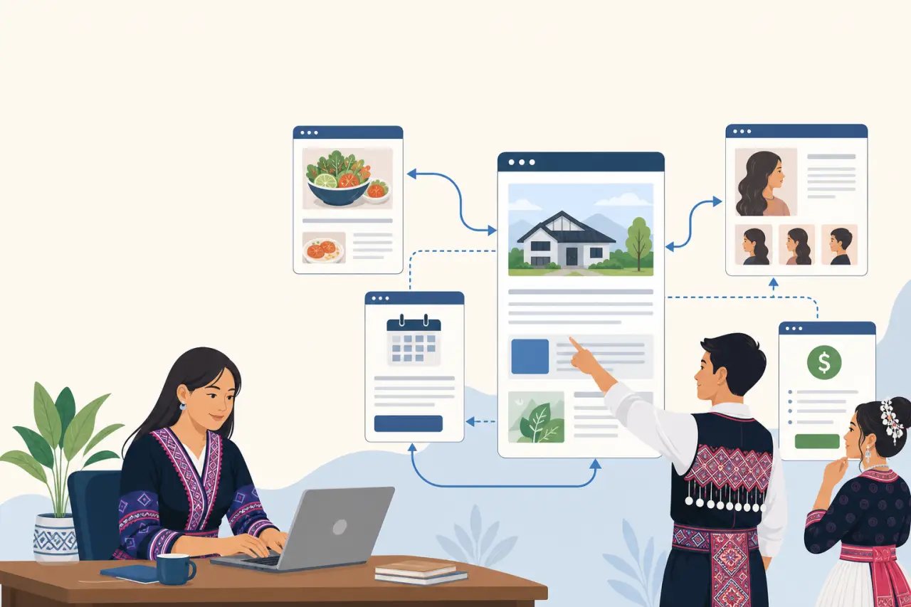 Illustration showing a woman in traditional embroidered attire working on a laptop beside connected webpage icons for real estate, recipes, salon serv