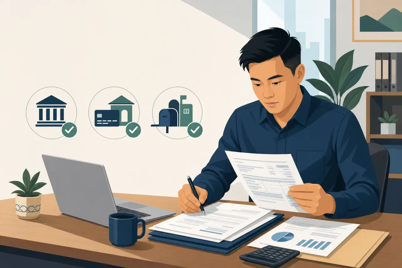 Illustrated man at a desk reviewing paperwork beside verified bank, card, and address icons, symbolizing seller identity checks required under the INF
