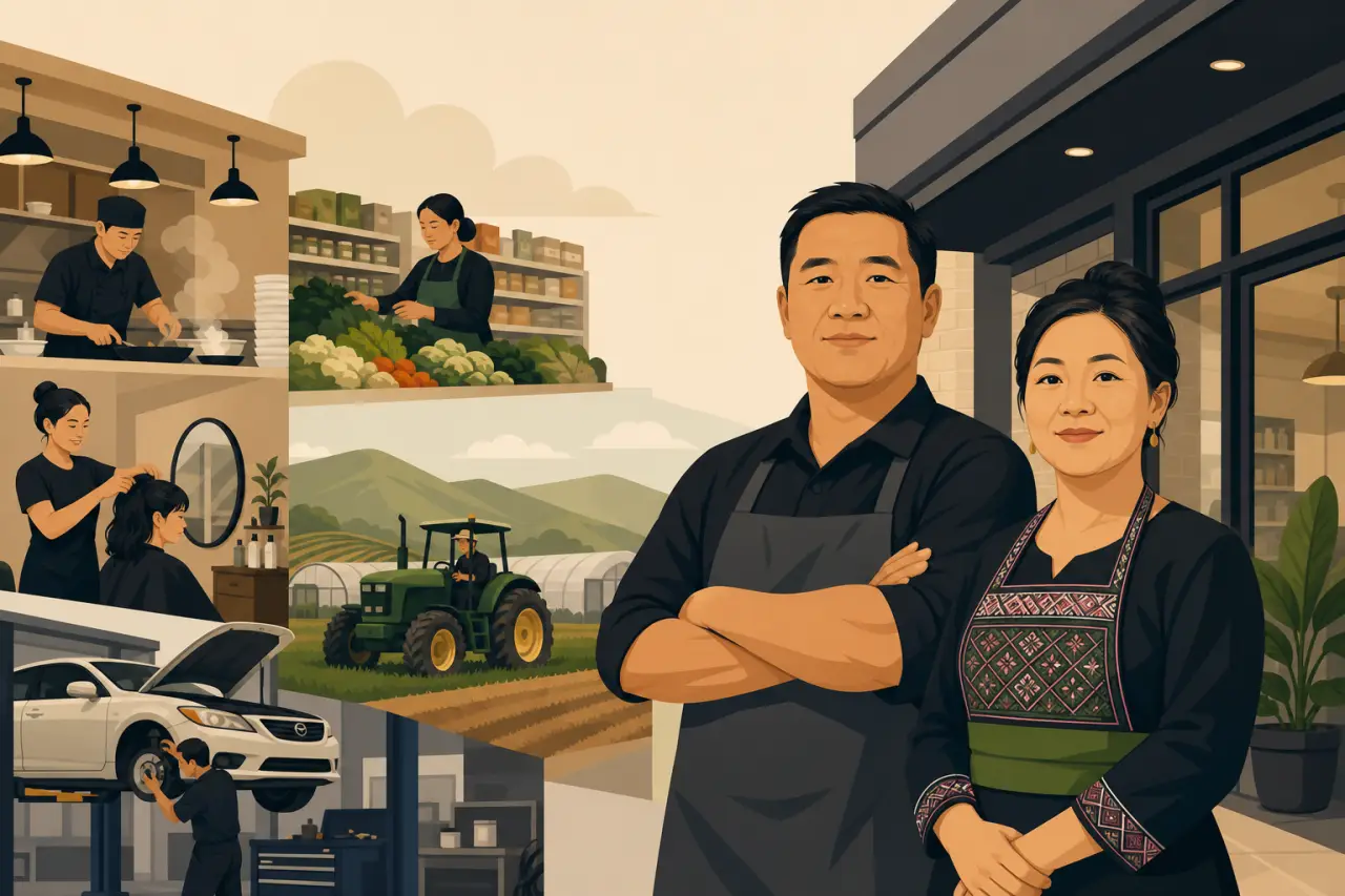 Illustration showing a confident small business couple in front of a shop, surrounded by scenes of a chef, grocer, hairstylist, farmer, and mechanic,
