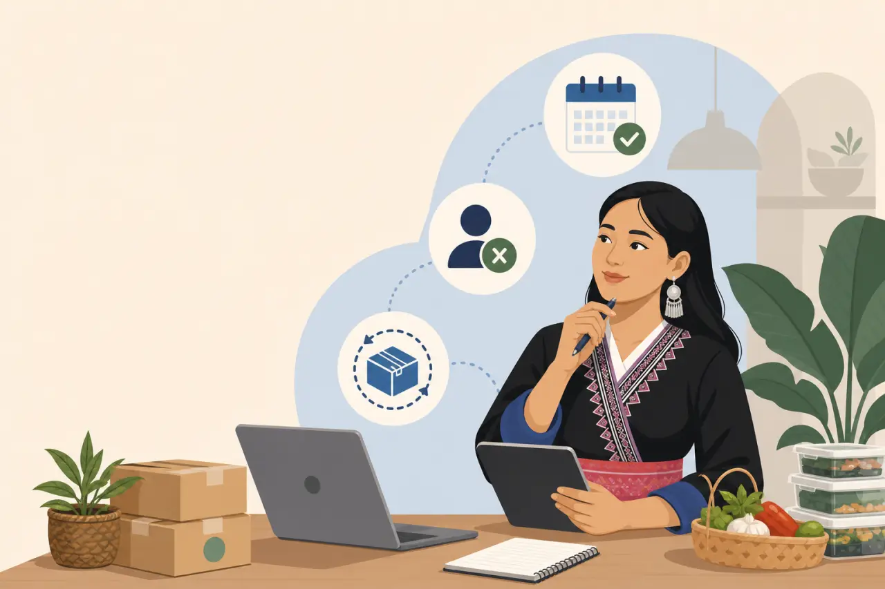 Illustration of a thoughtful woman holding a tablet at a desk with a laptop, notebook, shipping boxes, and produce, surrounded by icons representing s