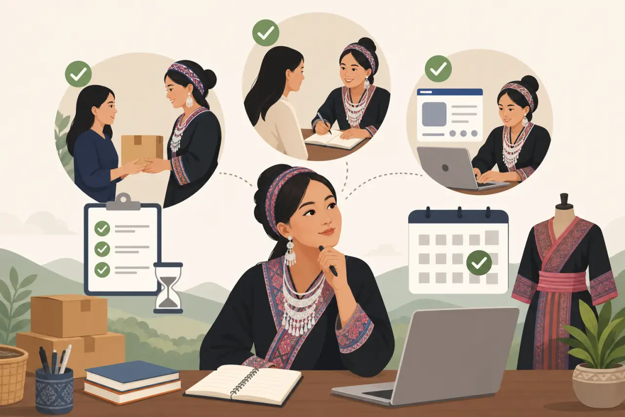 Illustration depicting a woman in traditional attire at a laptop surrounded by checklist, calendar, package delivery, consultation, and social media i