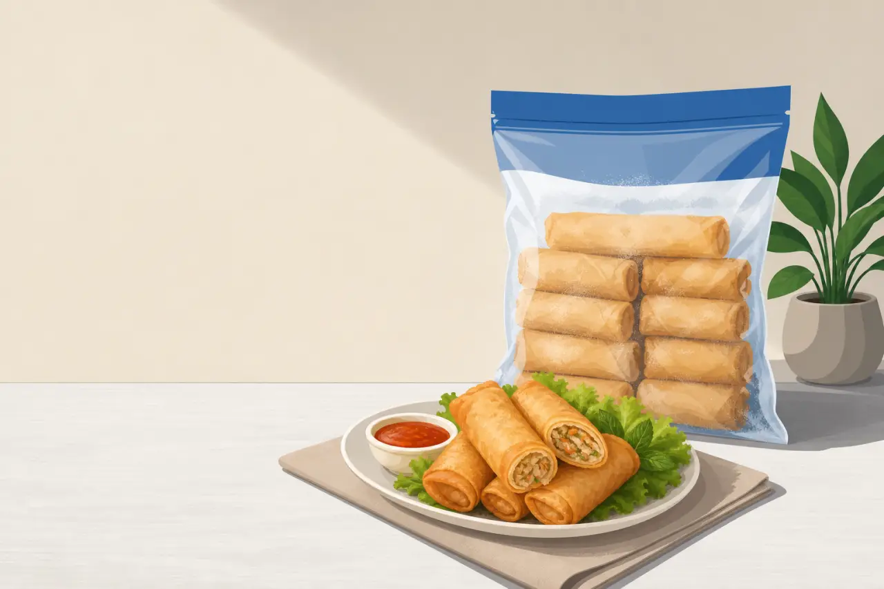 Illustrated frozen egg rolls in a resealable pouch beside a plated serving with lettuce and chili dipping sauce, styled for product listing photos wit
