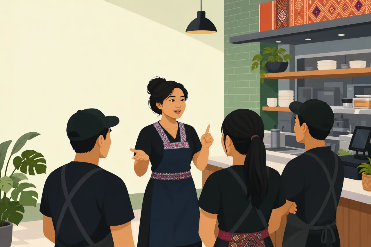 Illustrated cafe manager in an embroidered apron gestures while briefing three uniformed staff members near shelves of dishware, reflecting the proces