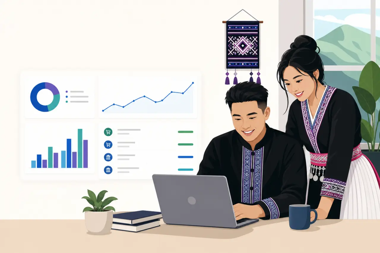 Illustration of a man and woman in traditional Hmong attire reviewing a laptop displaying charts and graphs, symbolizing analysis of marketplace selle