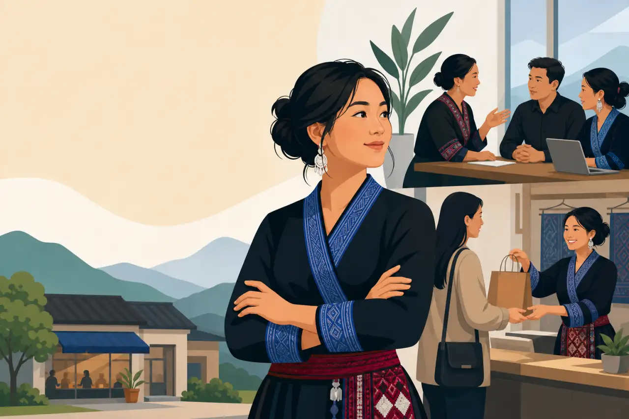 Illustrated confident woman in traditional embroidered attire stands before scenes of a meeting and a shop transaction, symbolizing business communica
