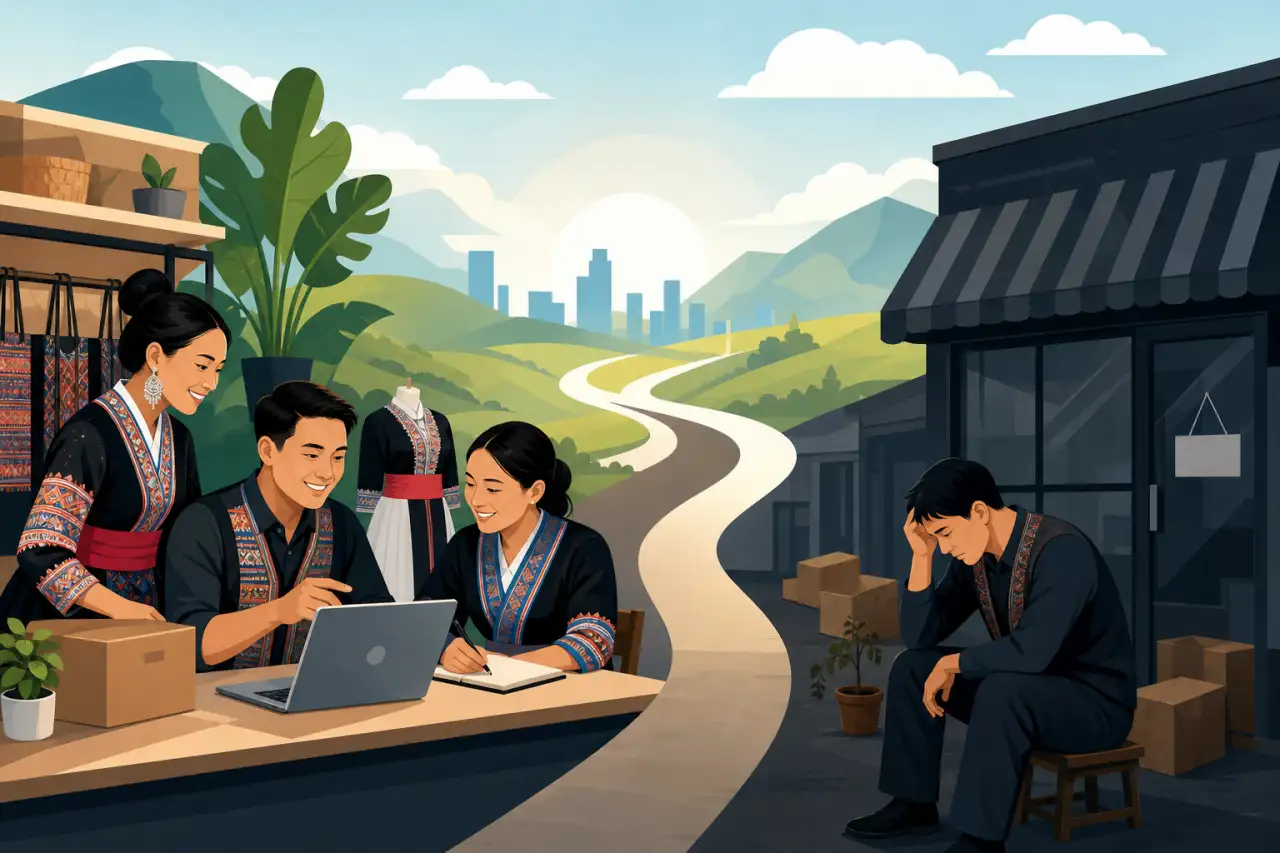 Illustration contrasting a smiling trio in traditional embroidered attire collaborating over a laptop and notebook at a boutique with a mannequin and