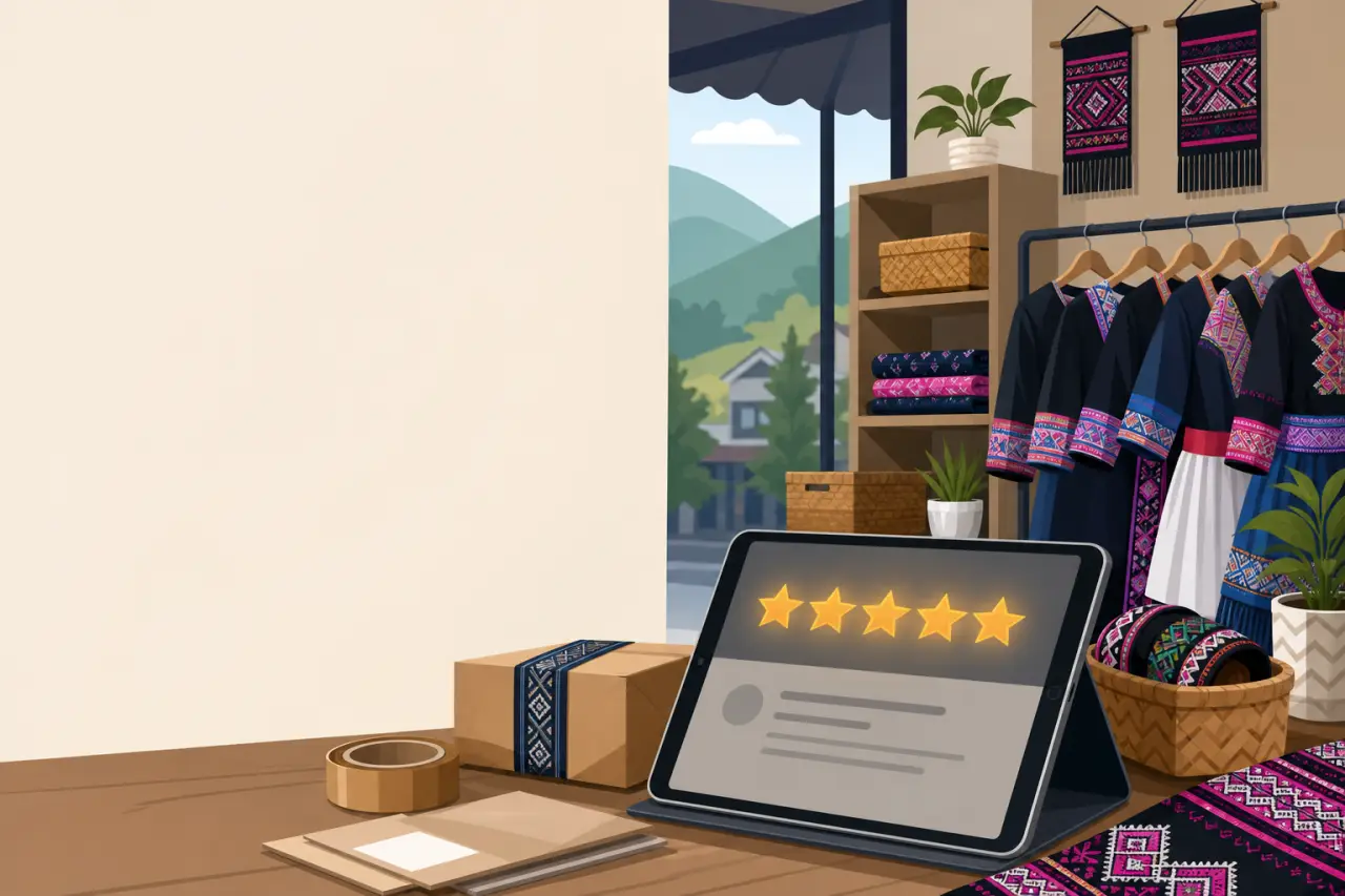 A tablet displaying a five-star seller performance rating sits beside packaging supplies on a wooden table, with embroidered textile garments, woven b