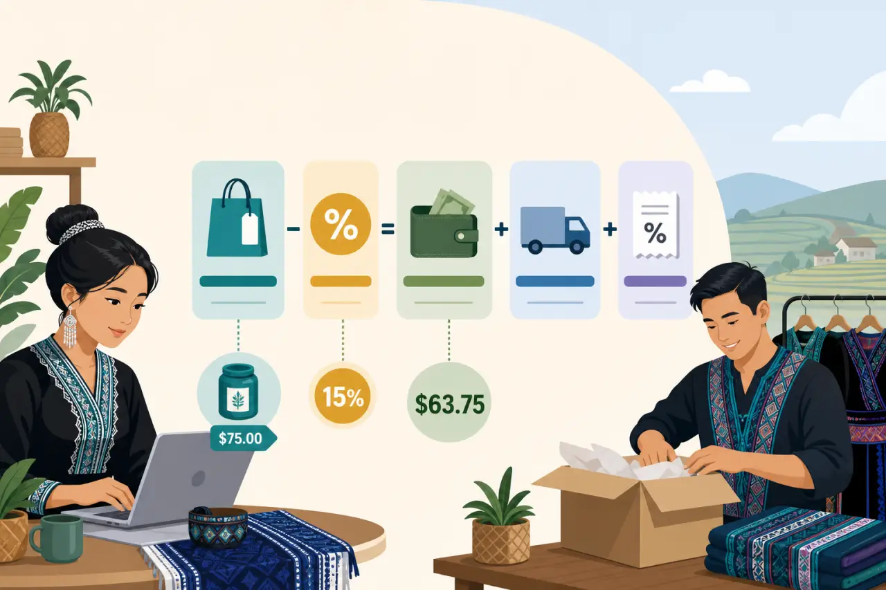 Illustration showing marketplace seller fees breakdown from a $75.00 product price minus 15% commission to a $63.75 payout, with icons for shipping an