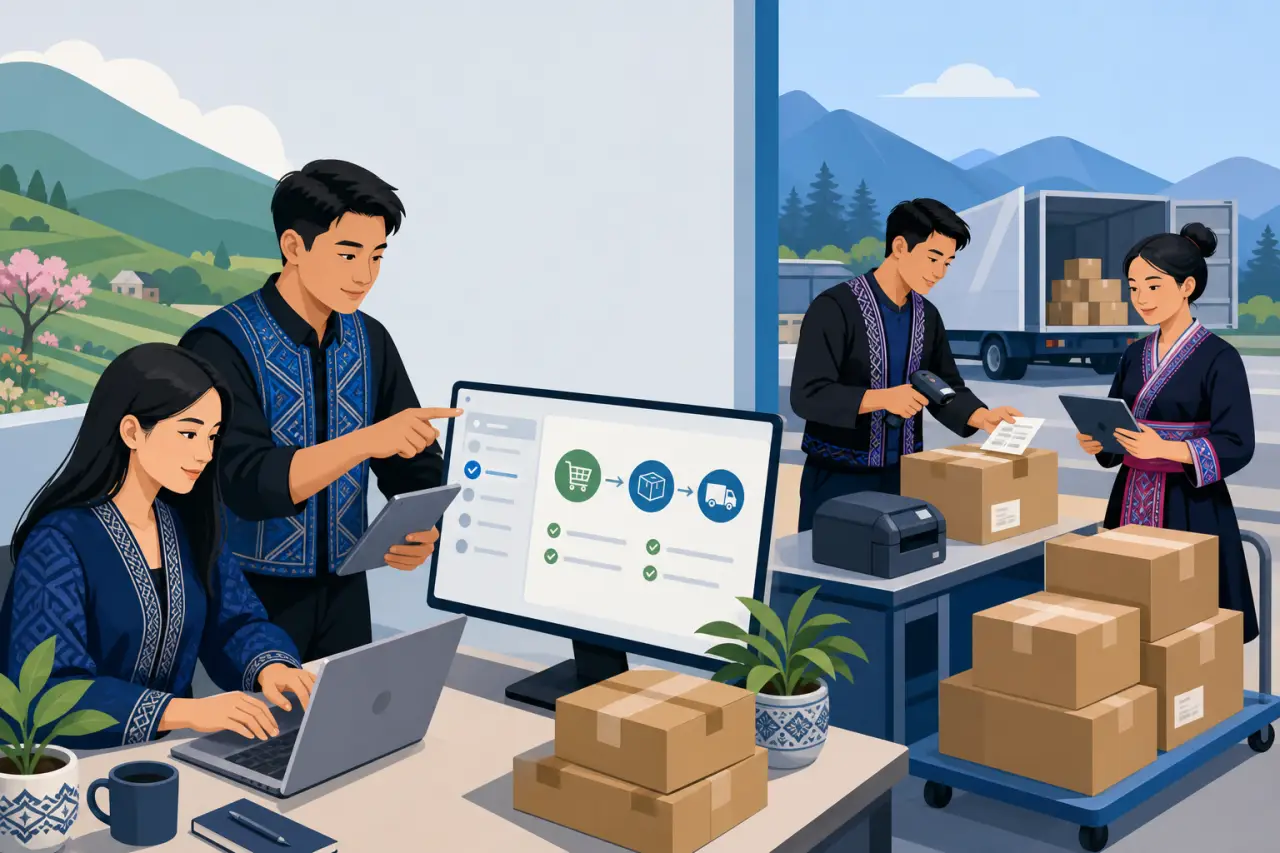 Illustrated team in traditional embroidered attire reviewing an order-fulfillment dashboard on a monitor while colleagues scan and pack boxes near a d