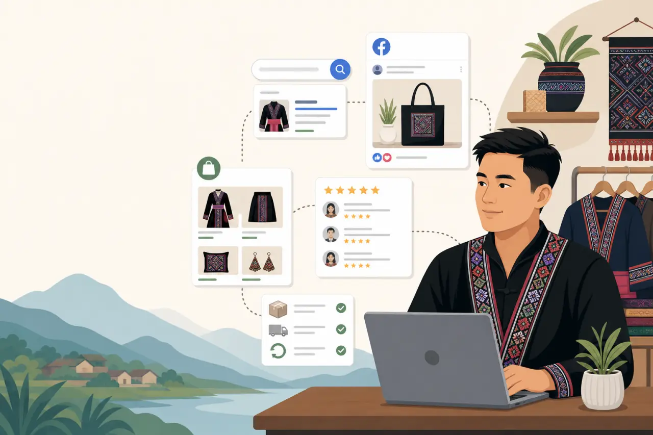 Illustration of a man in traditional embroidered attire using a laptop to sell handmade textiles online, surrounded by icons for search, social media,