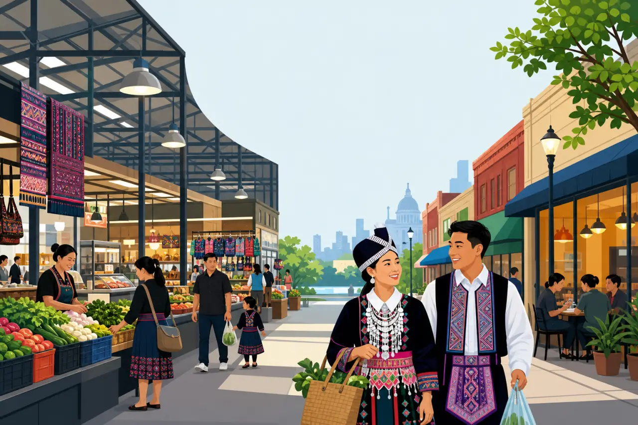 Illustrated street scene showing a couple in traditional embroidered Hmong attire shopping near a produce market and textile stalls, representing the