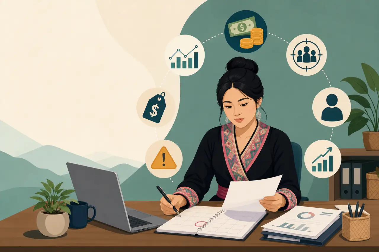 Illustrated woman in traditional attire reviews financial charts and warning icons at a desk, symbolizing why small businesses fail without proper bud