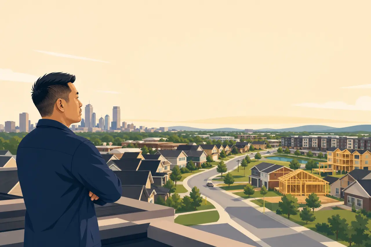 A man with arms crossed overlooks a suburban neighborhood under construction with a distant city skyline, symbolizing business opportunities Tulsa Okl
