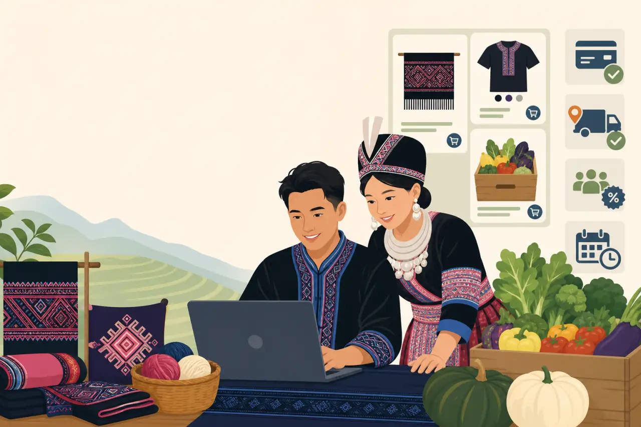 Illustration of a couple in traditional Hmong embroidered attire browsing a laptop displaying woven textiles, apparel, a — Wix vs WordPress comparison