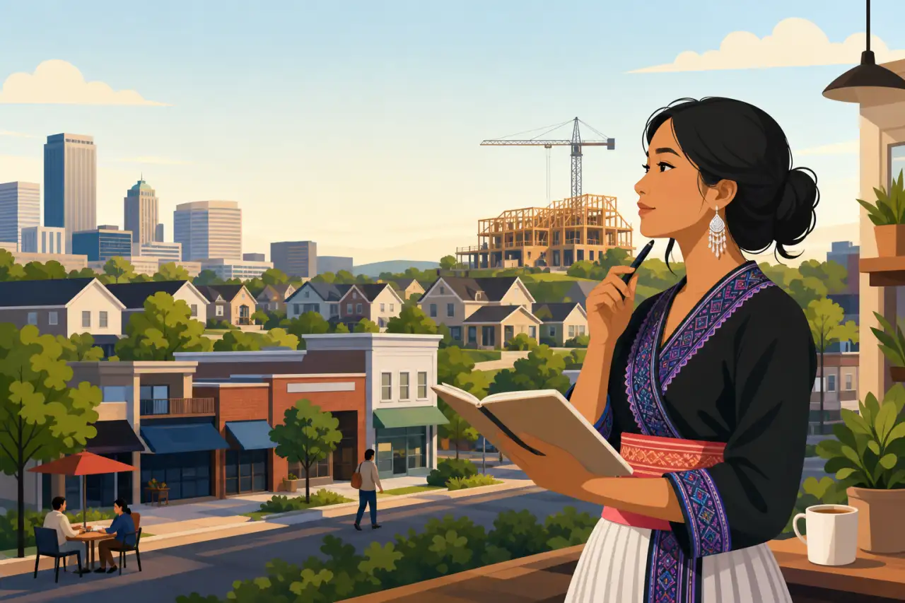 A woman in traditional dress holds a notebook and pen while overlooking a suburban street, downtown skyline, and construction crane, symbolizing busin