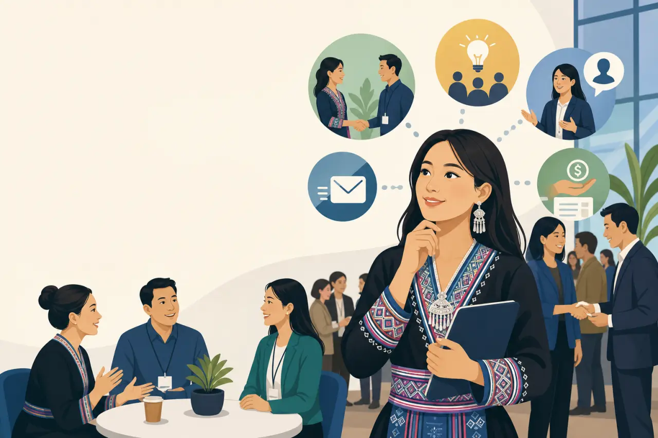 Illustration of a woman in traditional Hmong attire holding a folder amid icons for handshakes, ideas, messaging and networking, symbolizing connectio