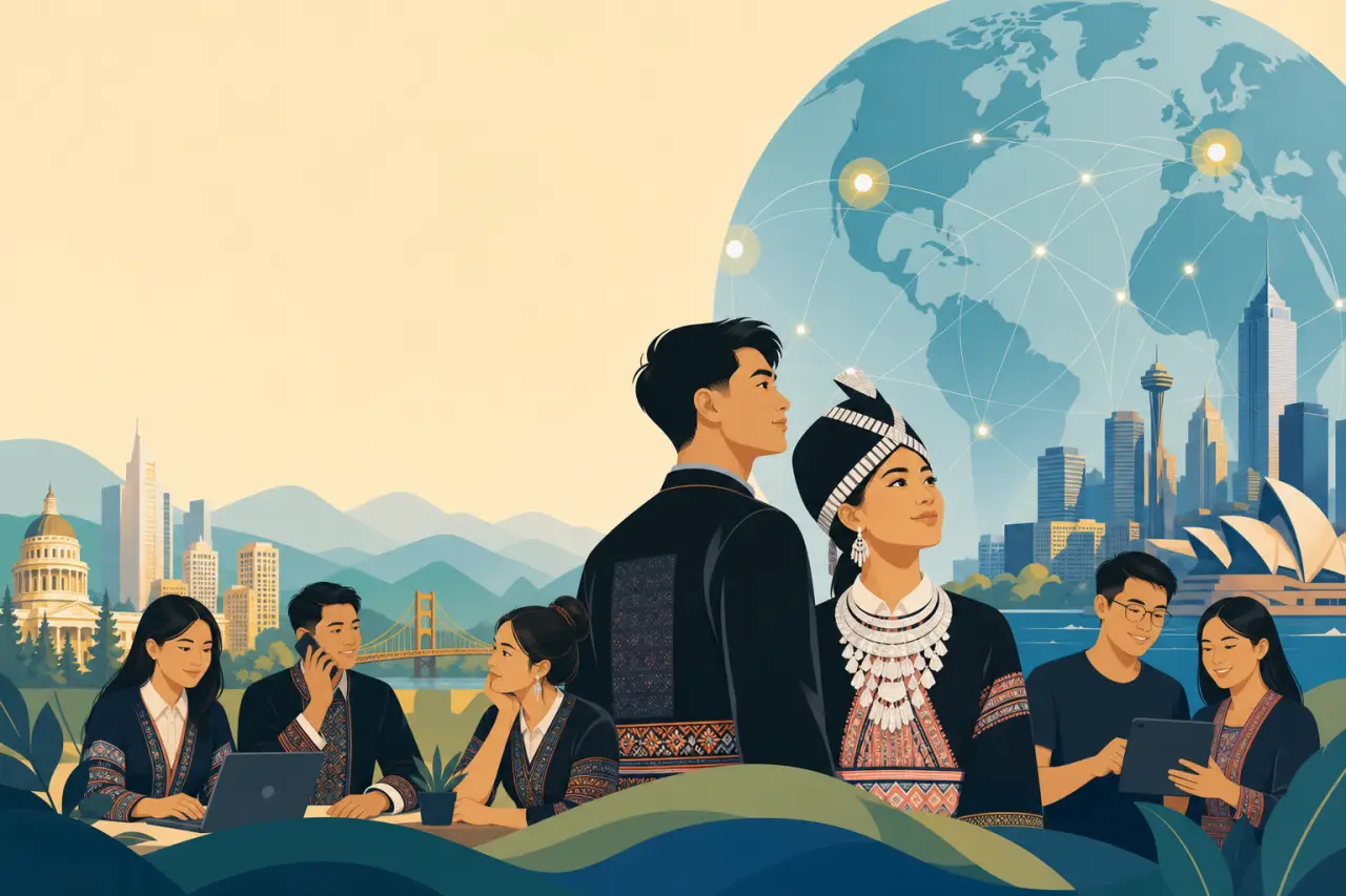 Illustration depicting Anthony Moua and other Hmong professionals in traditional embroidered attire using laptops and tablets, set against a global ne