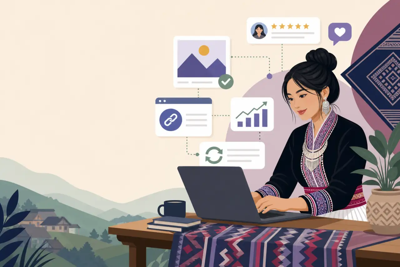 Illustration of a woman in traditional embroidered attire typing on a laptop at a table with a woven textile runner, surrounded by icons representing