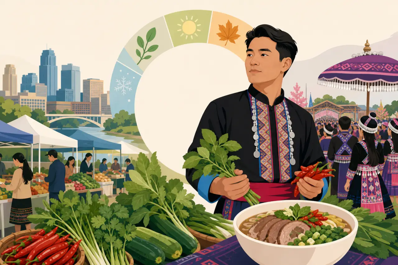 Illustrated man in traditional Hmong attire holds fresh herbs and chili peppers beside a bowl of soup at a farmers market, with a city skyline, season