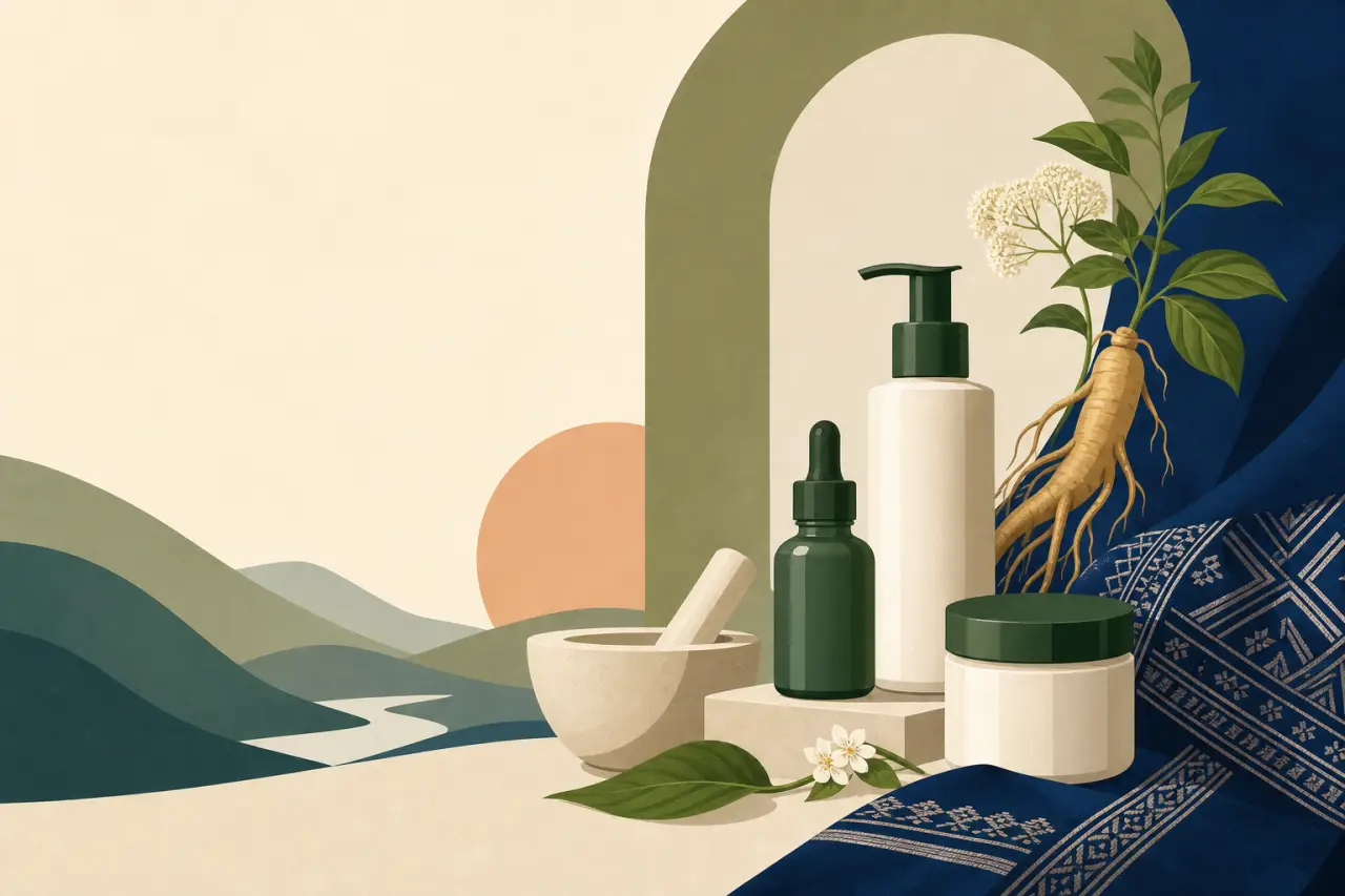 Illustrated banner for adult acne skincare Hmong brand SEO featuring a dropper bottle, pump lotion, and cream jar beside a mortar and pestle, ginseng