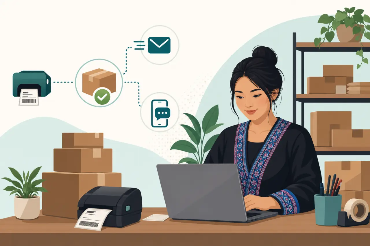 Illustration of a woman using a laptop at a desk with shipping boxes, a label printer, and icons for email and text alerts, representing shipping soft