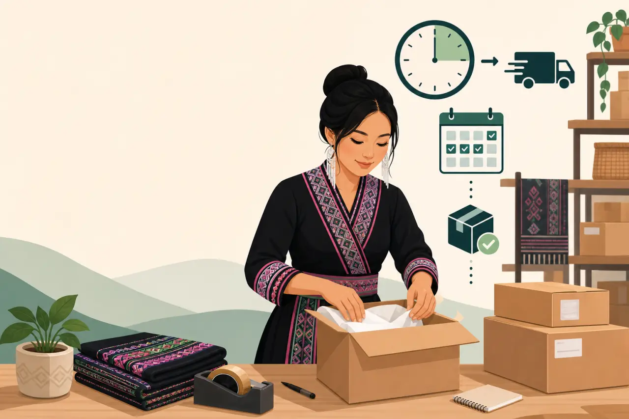A woman in traditional embroidered attire packs a cardboard box beside folded textiles, tape, and delivery icons illustrating seller shipping options