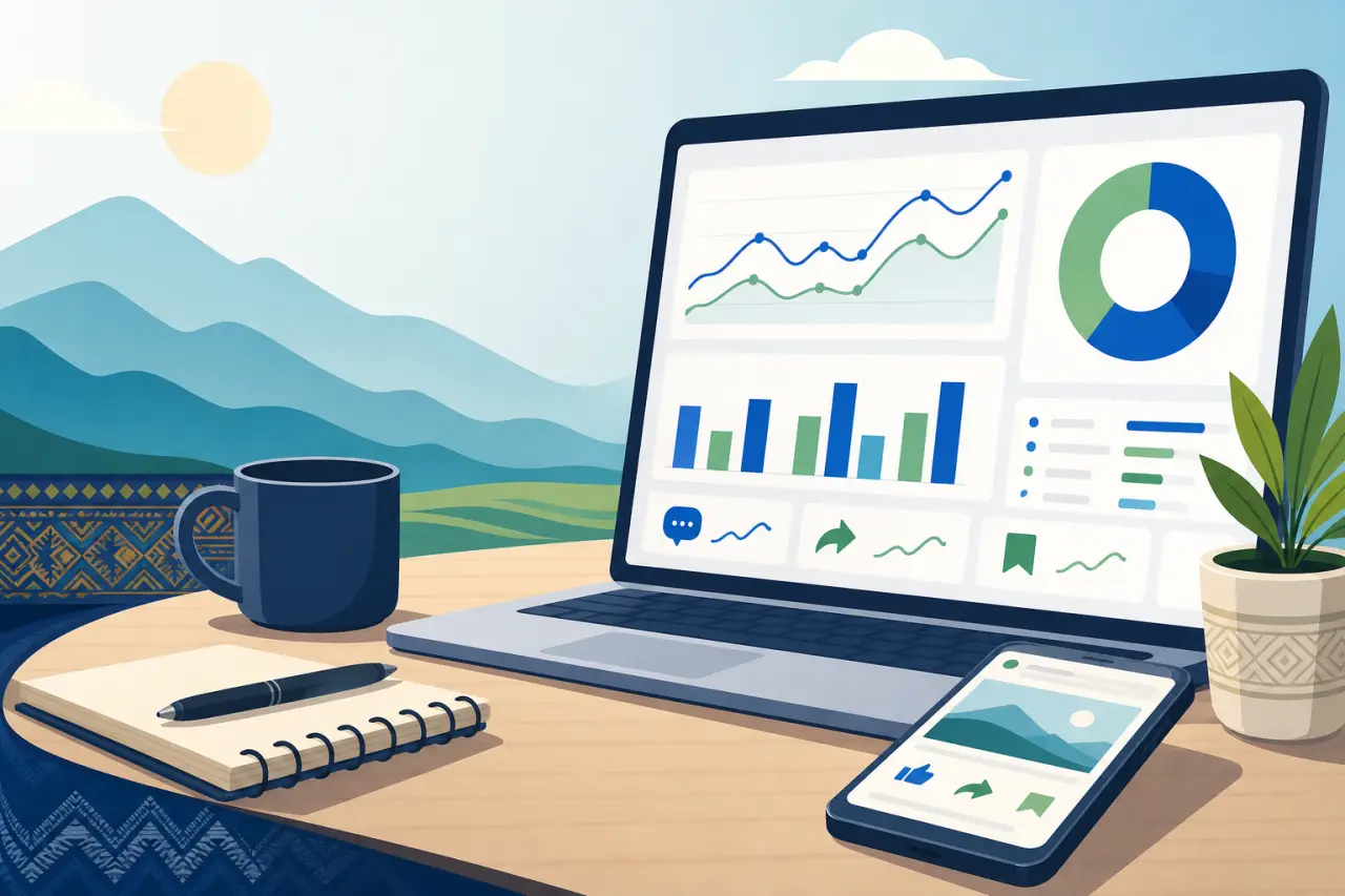 Illustrated desk scene with a laptop displaying charts and graphs alongside a smartphone showing social media icons, symbolizing tools for tracking Fa