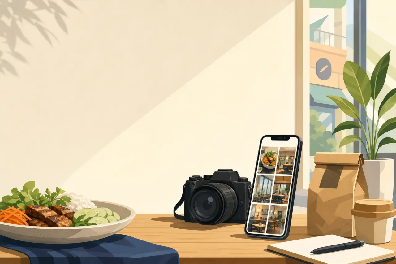 Illustrated wooden café table with a rice bowl, camera, smartphone showing restaurant photos, takeaway bag, coffee cup, and notepad, symbolizing authe