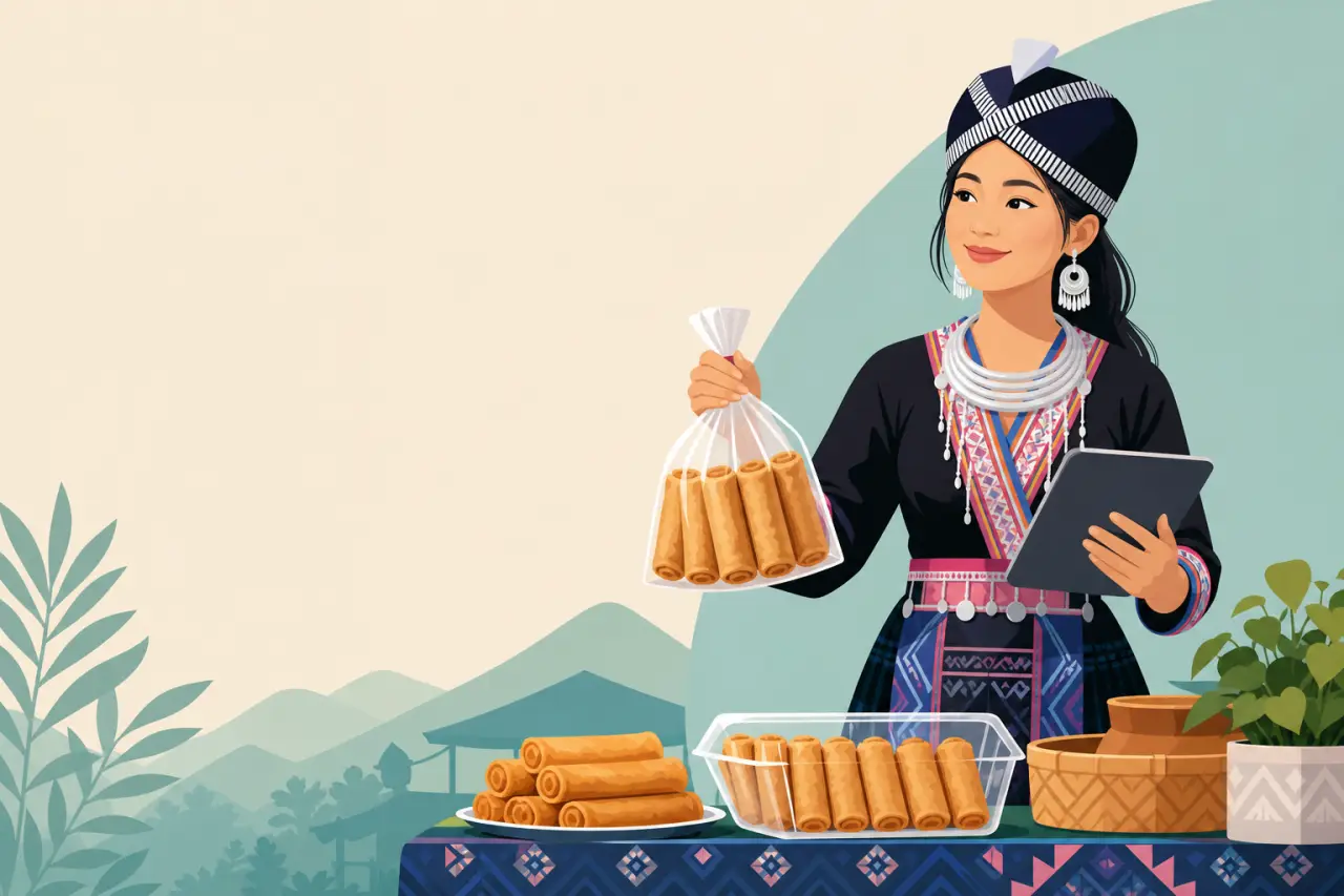 Illustrated woman in traditional Hmong attire holds a bag of rolled snacks while using a tablet, demonstrating pricing your items for an online market