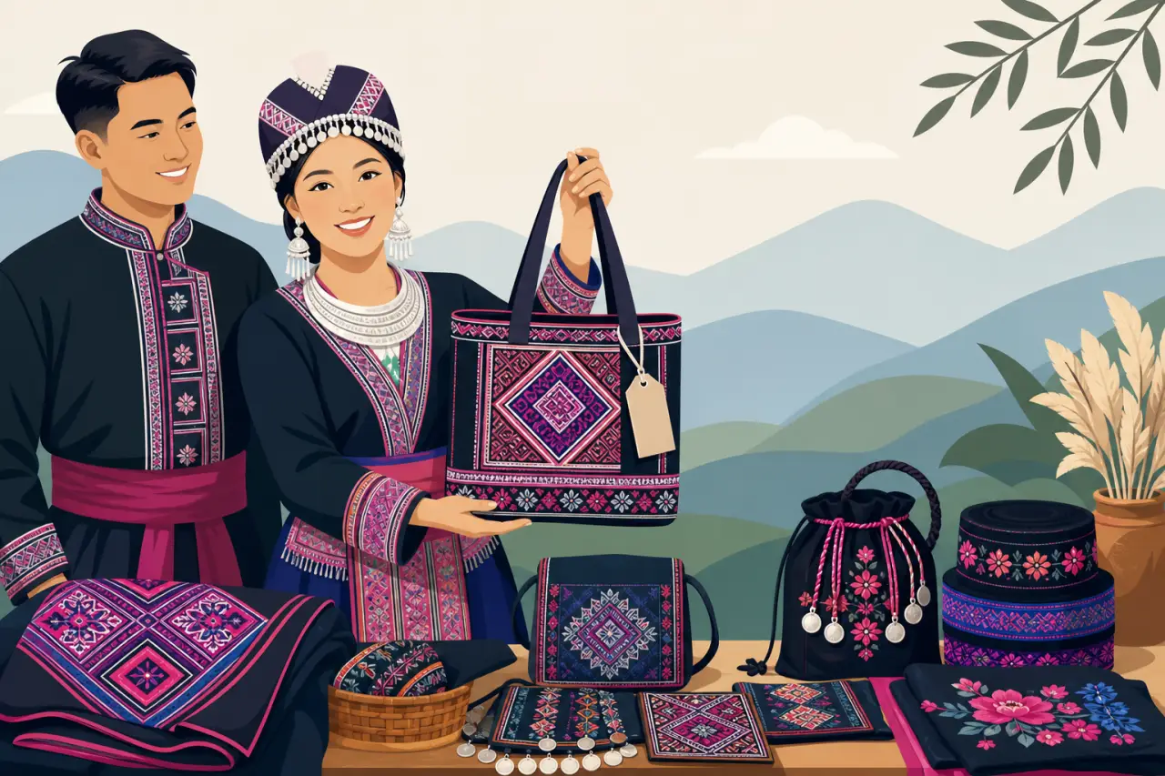 Illustrated Hmong couple in traditional embroidered attire display handmade textile bags, pouches, and hats on a mountain-view table, illustrating tip
