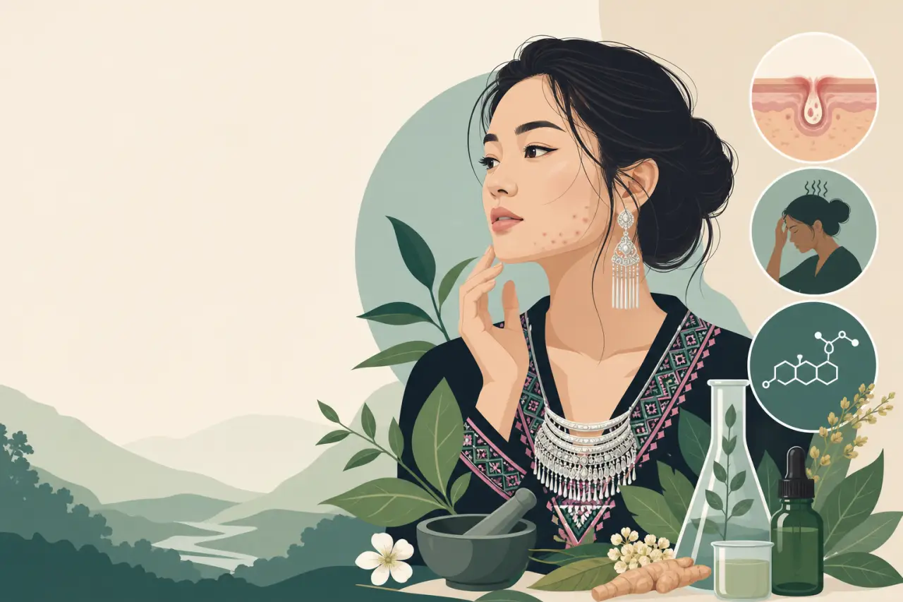 Illustrated woman in traditional Hmong jewelry touches her cheek amid botanical ingredients and skin diagrams, representing adult acne skincare Hmong