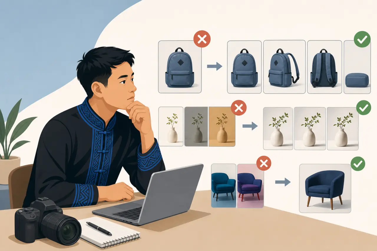 A man at a laptop with a camera and notebook reflects beside comparison panels showing incorrect single-angle or inconsistent-color shots marked with