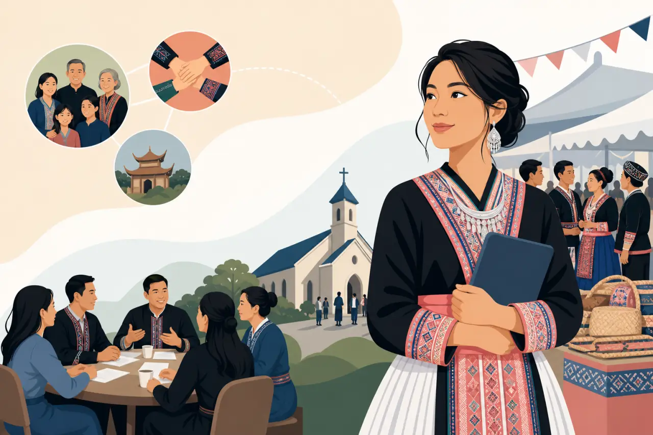 Illustration depicting networking for entrepreneurs through a Hmong community scene with a woman in traditional dress, family and handshake icons, a t