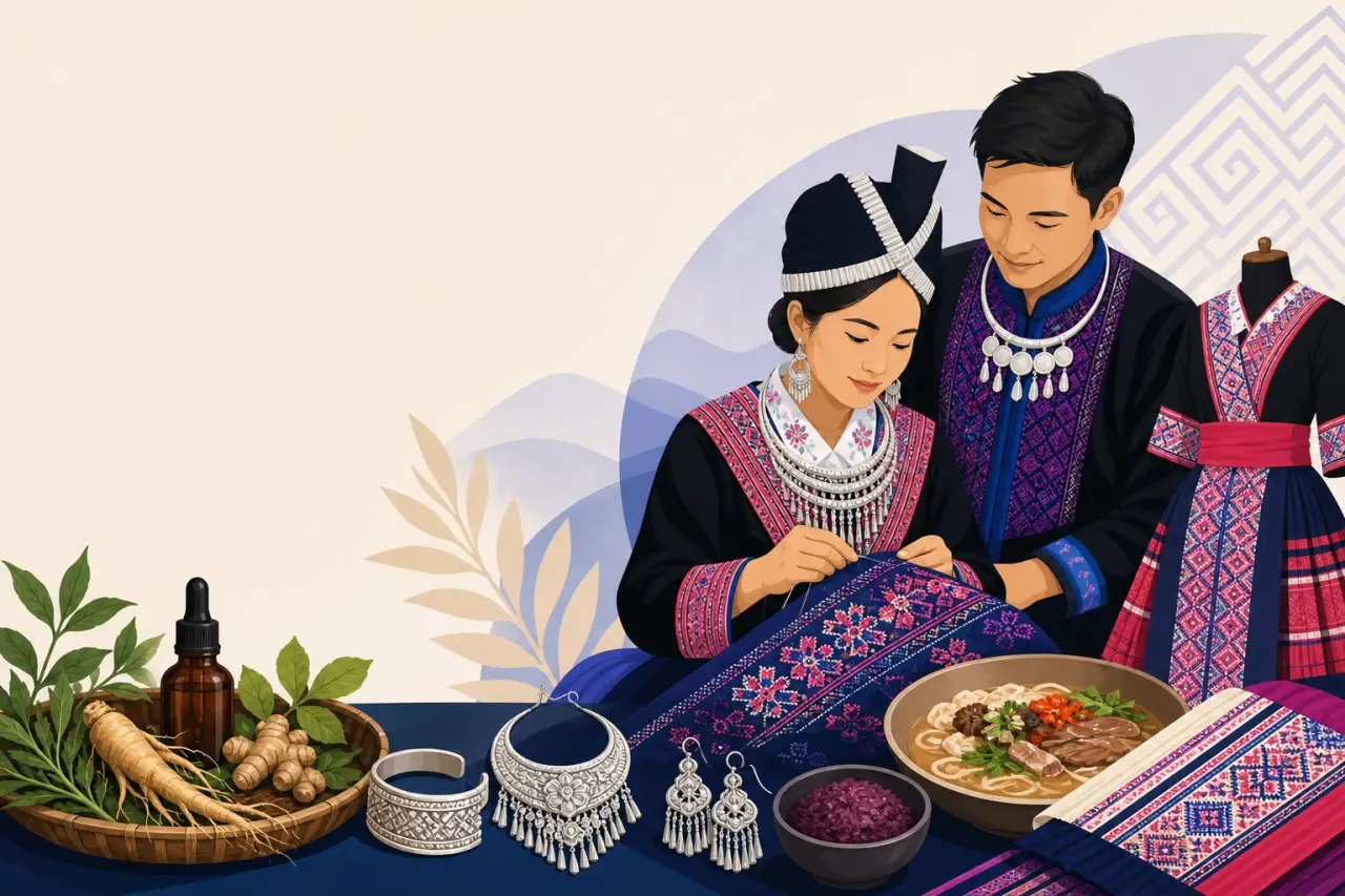 Illustration of a couple in traditional embroidered attire with silver jewelry, herbs, and noodle soup, symbolizing cultural craftsmanship relevant to
