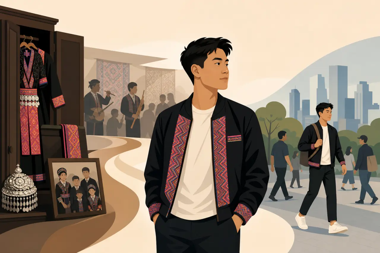 Illustration showing a young man wearing modern Hmong fashion, a black bomber jacket with embroidered trim, transitioning from a traditional wardrobe