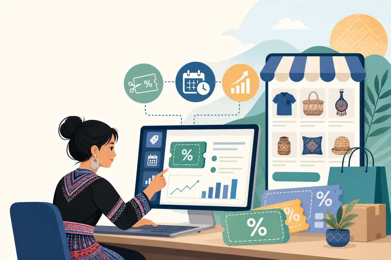 Illustration of a woman in traditional dress managing seller coupons discount codes on a computer displaying growth charts and percentage tickets, bes
