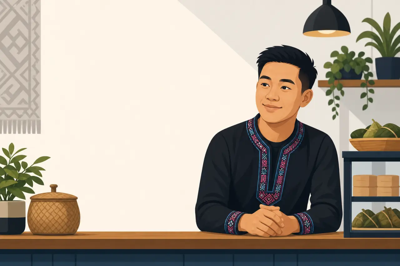 Illustrated young man in an embroidered black tunic leans on a wooden counter beside potted plants and woven baskets, with generous negative space tha