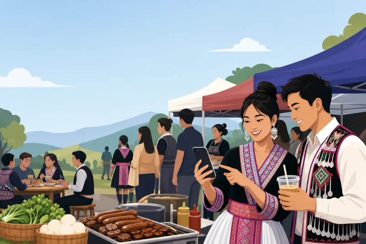 A smiling couple in traditional Hmong embroidered attire check a smartphone together at an outdoor market with grilled sausages, fresh vegetables, mar