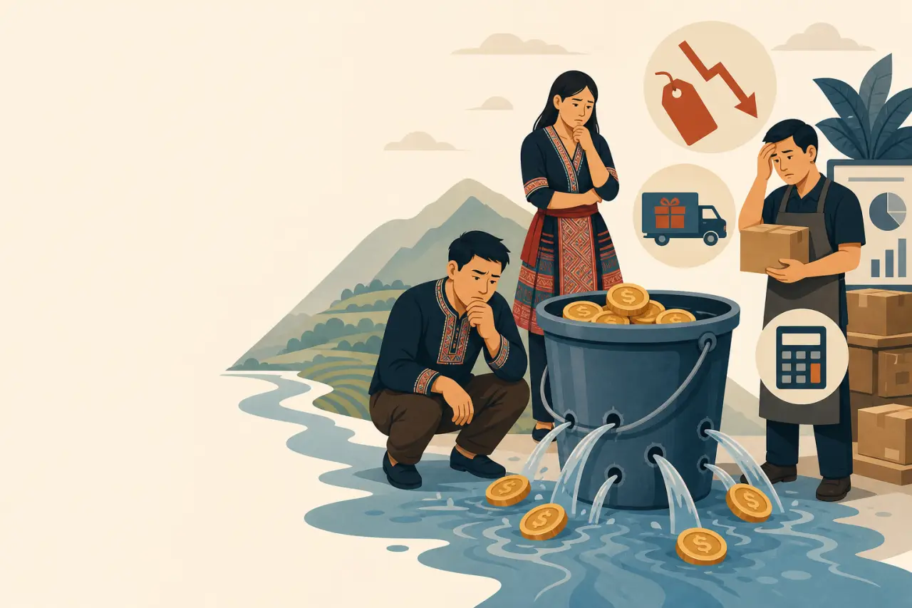 Illustration of worried people watching coins leak from a holey bucket, symbolizing losses from poor pricing your items, with icons for discounts, shi