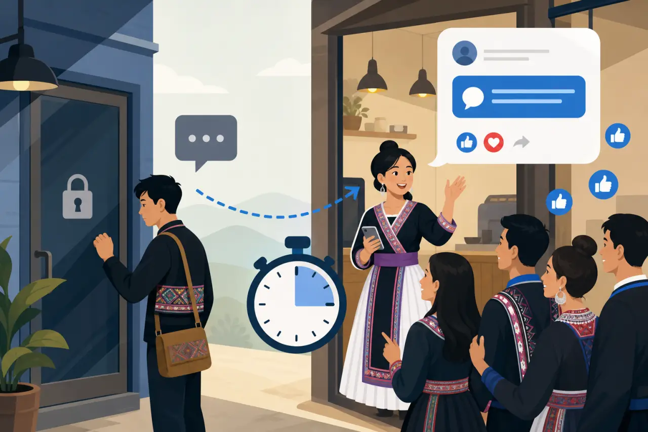 Illustration showing a locked door and waiting customer beside a stopwatch, contrasted with a smiling shopkeeper in traditional dress replying instant