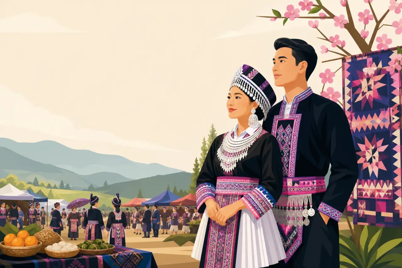Illustrated couple in traditional embroidered attire and silver jewelry stand before a mountain marketplace with vendors, textiles, and cherry blossom