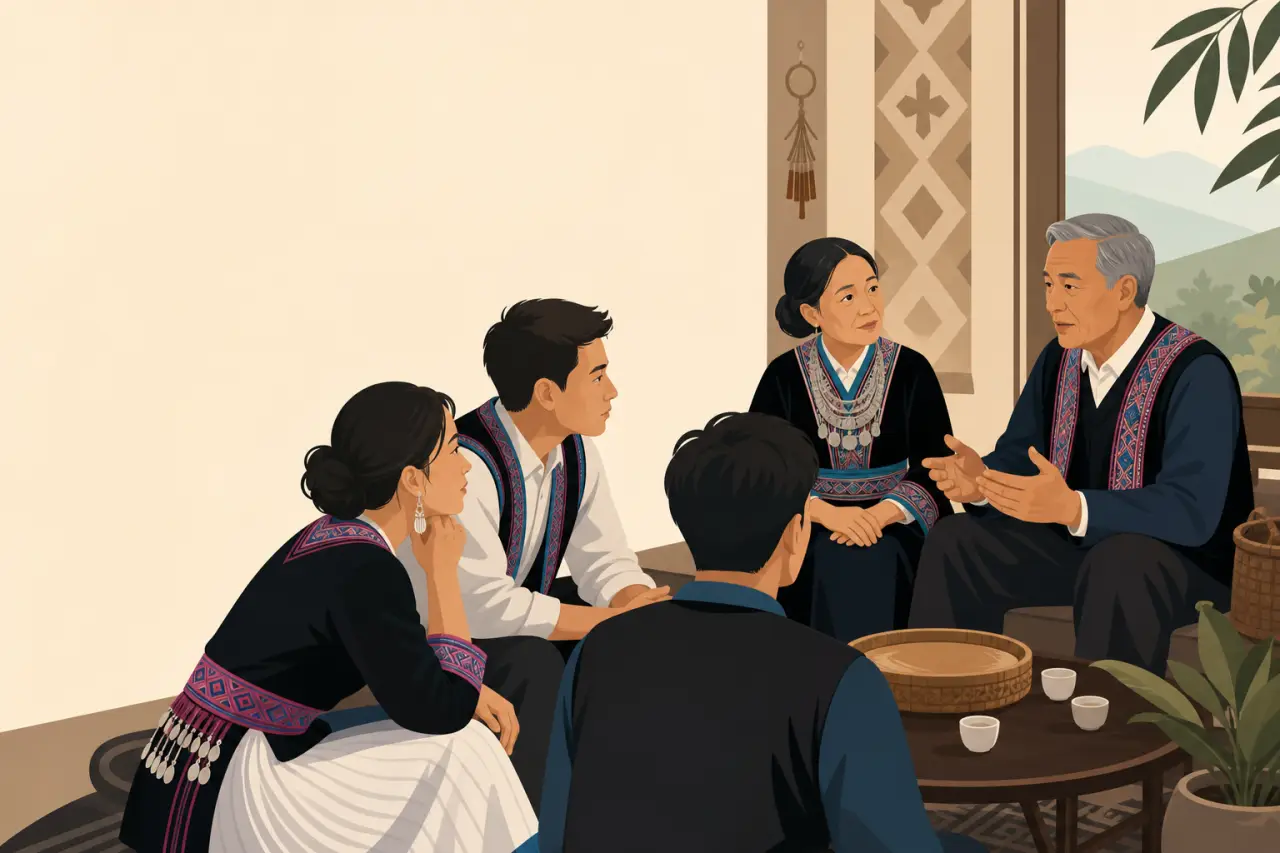 Illustration of an elder couple in traditional embroidered attire speaking with three younger adults around a tea table, reflecting Hmong community va