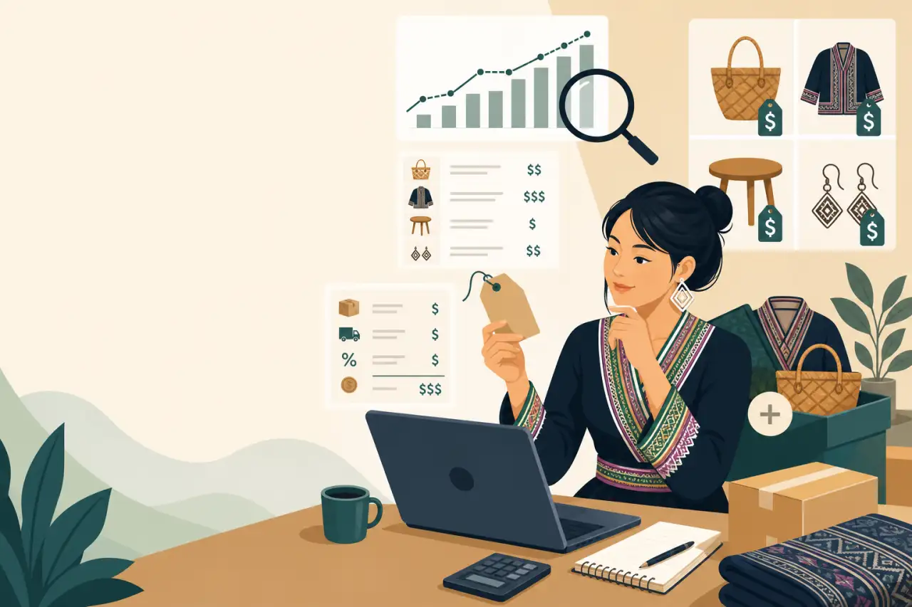 Illustration of a woman in traditional embroidered attire holding a price tag while working at a laptop, surrounded by sales charts, product icons, an