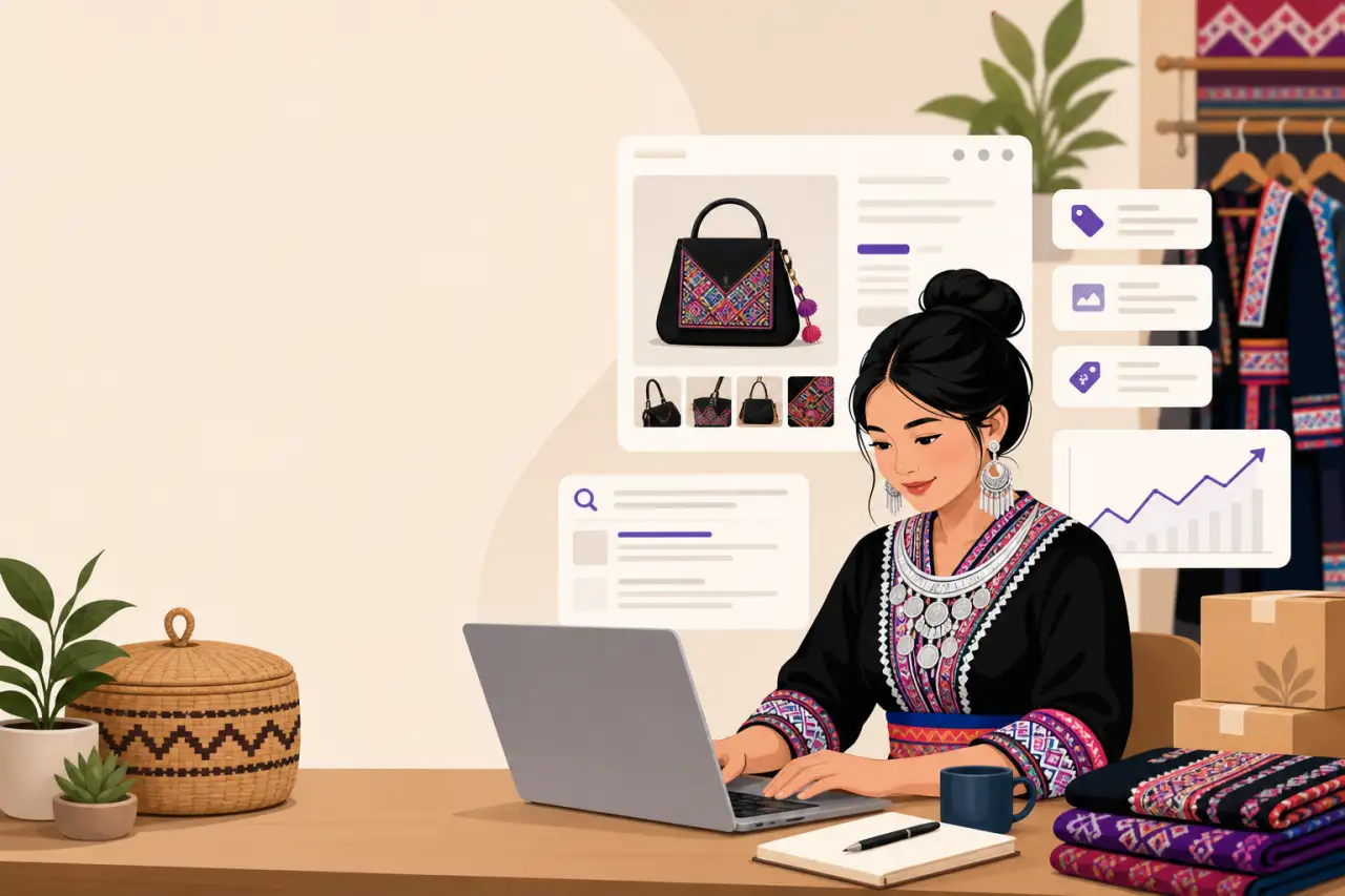 Illustration of a woman in traditional embroidered attire typing on a laptop at a desk surrounded by handmade textiles, woven baskets, and packaging b